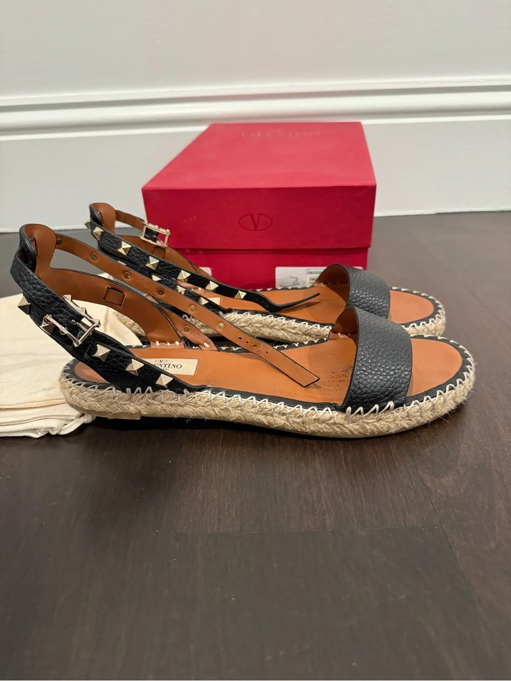 Valentino Black Leather Studded flat Espadrille Sandals
